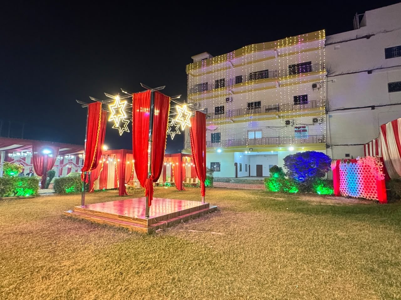 Illuminated outdoor lawn at night
