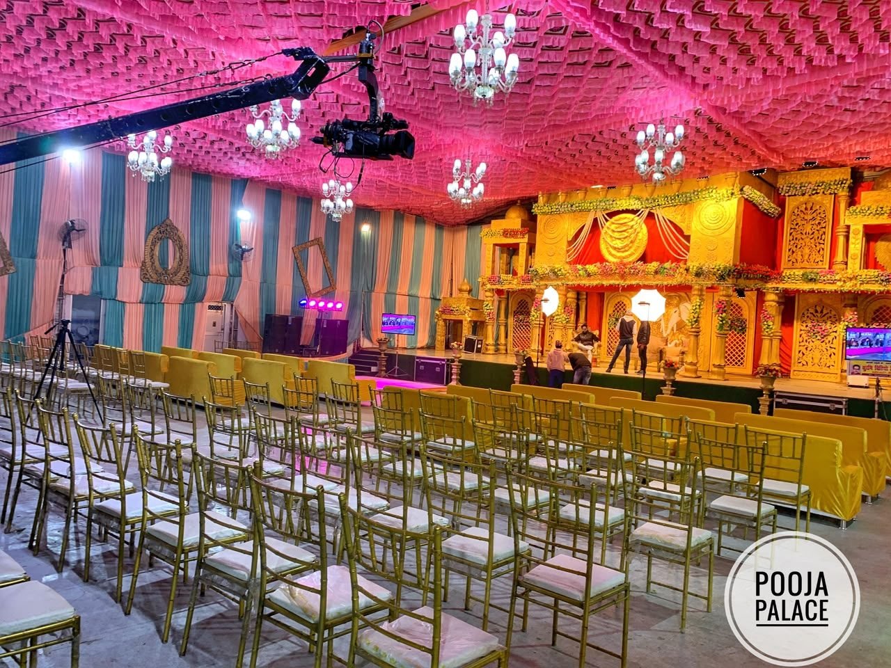 Large decorated banquet hall with stage